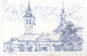 Arte: Carlos Enrique Lencinas Gómez. Lápiz color sobre papel. ”Iglesia Navalcarnero”. Firmada a mano.